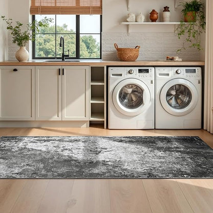 2x6 Black Rug Runners for Hallways Kitchen Runner Rug Non Slip Washable Black Long Runner Rugs with Rubber Backing Soft Abstract Carpet Runner for Bedroom, Kitchen, Bathroom, Entryway