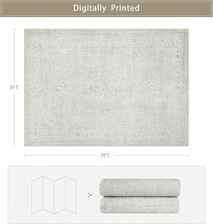 Washable Rugs 5x7 Area Rugs for Living Room,Bedroom,Large Carpets,Ultra Soft Faux Wool Retro Dining Room Rug,Non Slip&Non-Shedding Low Pile Vintage Rugs for Home Office,Concrete Grey