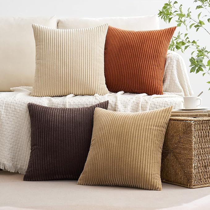 MIULEE Boho Farmhouse Throw Pillow Covers 18x18 Inch Set of 4 Rustic Mordern Neutral Cushion Covers Soft Corduroy Nordic Home Decor for Couch Bed Sofa Living Room Chocolate Brown/Rust