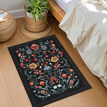 Floral Rug for Entryway 2x3 Rugs Machine Washable Boho Small Area Rug Non-Slip Low-Pile Front Door Soft Mat for Entrance, Bedroom, Kitchen, Laundry, Bathroom, Black