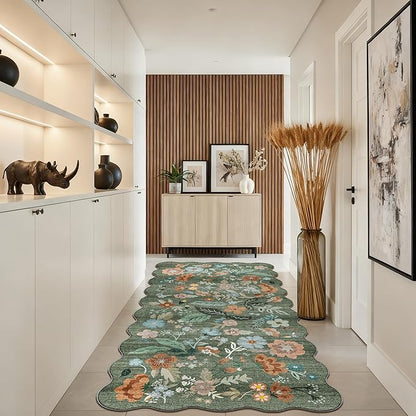 4x8 Washable Area Rug for Family: Stain Resistant Wide Floral Scalloped Kitchen Rug Soft Carpet for Entryway Bathroom Bedroom Farmhouse Living Room Floor Mat with Non Slip Backing(4x8, Floral/Green)