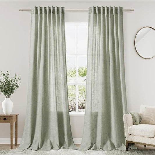 Nanspring Sage Green Curtains 80 Inches Length for Living Room Back Tab Rod Pocket Semi Sheer Linen Drapes Muted Neutral Boho Pale Green Linen Textured Window Curtain for Dining Room 52X80 Inch