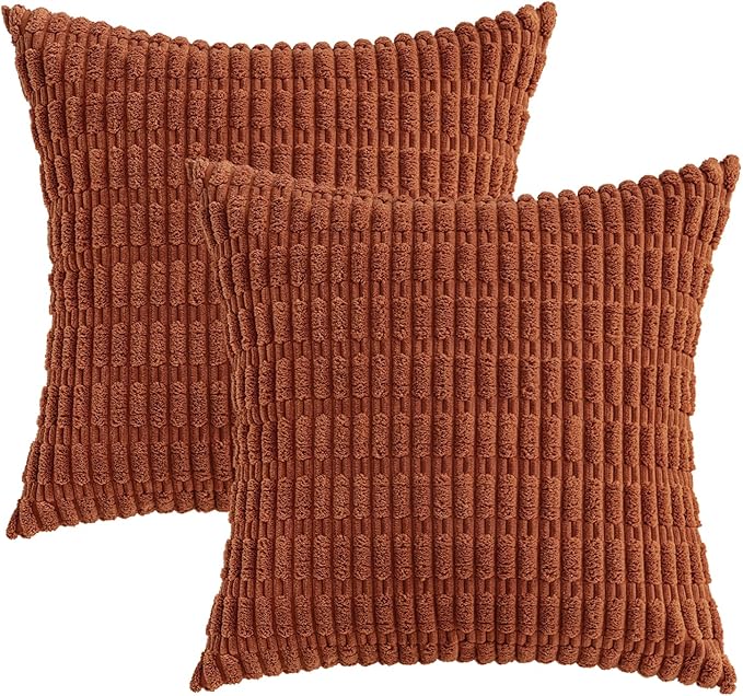 MIULEE Pack of 2 Dark Rust Corduroy Decorative Pillow Covers 16x16 Inch Soft Boho Striped Throw Pillow Covers Modern Farmhouse Home Decor for Summer Sofa Living Room Couch Bed
