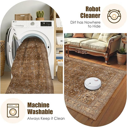 Washable Area Rug 6' x 9' Vintage Traditional Persian Mat - Foldable Distressed Non-Slip Machine Washable Carpet for Living Room Bedroom Kitchen Home Decor - Bronze and Ivory