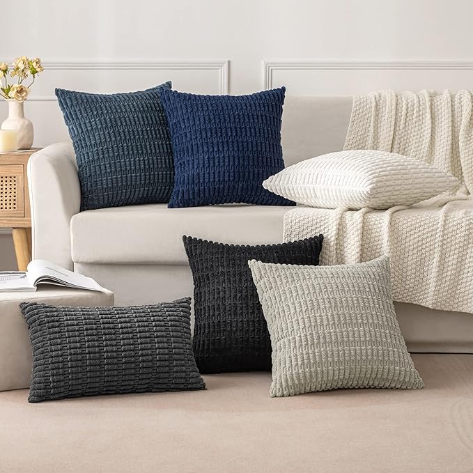MIULEE Pack of 2 Corduroy Decorative Throw Pillow Covers 18x18 Inch Soft Boho Striped Pillow Covers Modern Farmhouse Home Decor for Summer Coastal Sofa Living Room Couch Bed Dark Blue