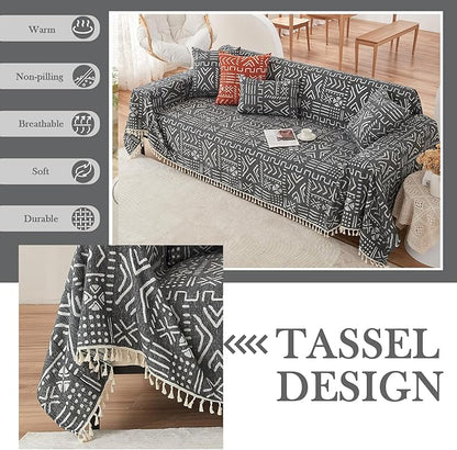 HANDONTIME Black White Boho Sofa Cover Boho Geometric Couch Covers Tassel Farmhouse Dog Sofa Covers for Slipcover Aesthetic Couch Cushion Cover Couch Protector for Dogs Living Room Décor, 71" X150"