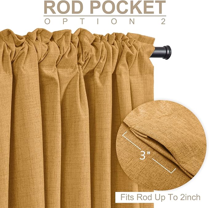 100% Blackout Shield Linen Blackout Curtains for Bedroom 84 Inches Long,Back Tab/Rod Pocket Living Room Drapes,Thermal Insulated Textured Blackout Curtains 2 Panels Set,50" W x 84" L,Mustard Yellow