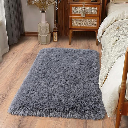 Ultra Soft Runner Rugs for Bedroom Hallways with Upgraded Non-Slip Rubber Backing & Thick Memory Sponge, 2 Packs 2x3 Feet Fluffy Shag Throw Area Rug for Bedside Dorm Dark Grey