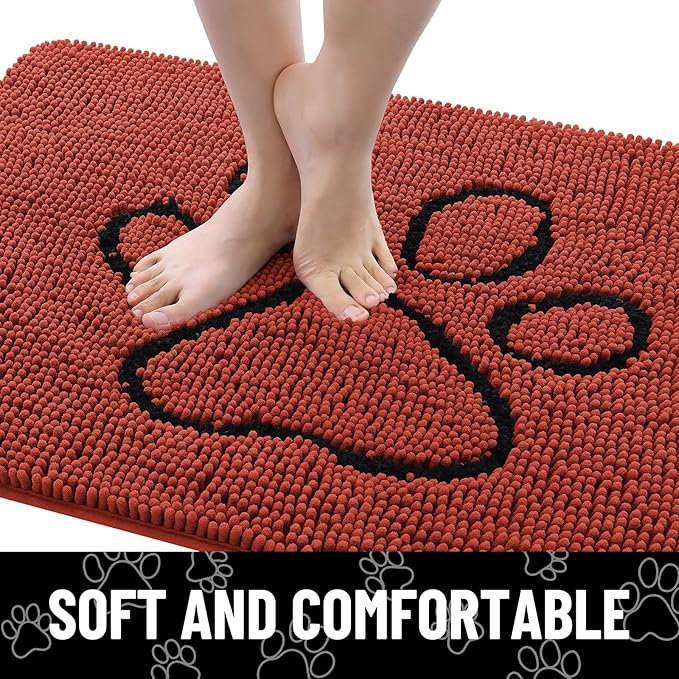 Smiry Dog Door Mat for Muddy Paws, Absorbent Dirt Trapper Non Slip Quick Dry Washable Chenille Mat for Mud Dogs, Entry Rug for Indoor and Outdoor (30x20 Inches, Maple Red and Black)