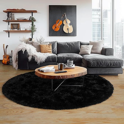 6‘x6’ Black Round Rug for Bedroom, Ultra Soft Fluffy Circle Rug for Kids Girls Boys Room, Cute Shag Rugs for Living Room Playroom Teen Room Home Decor Rug