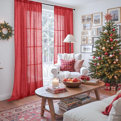 BGment Red Linen Curtains 84 Inch Length 2 Panels Set for Living Room, Window Drapes Lightweight Semi Sheer Textured for Farmhouse Bedroom with Rod Pocket, Each 42 Inch Wide