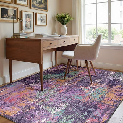 Washable Area Rugs 6'x8' Non-Slip Modern Abstract Soft for Living Room Entryway Bedroom Nursery, Print Pattern, Purple Orange Blue Green Rust Red Colorful