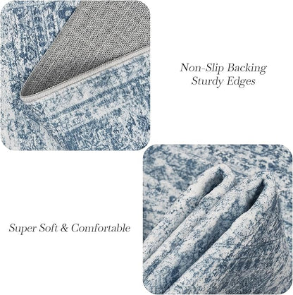 Washable Area Rug 8x10, Large Soft Rugs for Living Room Vintage Blue 8x10 Area Rugs for Bedroom Dining Room Non-Slip Stain Resistant Under Table Rug