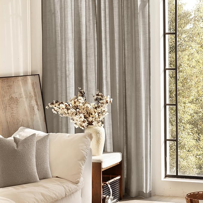 Taupe Linen Curtains 102 inches Long for Living Room Back Tab Rustic Farmhouse Semi Sheer Light Filtering Window Curtain Dining Room Soft Thick Flax Linen Textured Drapes Burlywood Birch Dark Brown