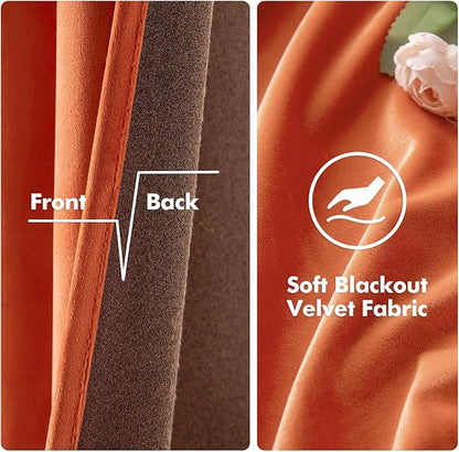 MIULEE Orange Velvet Curtains 96 Inch Length for Fall Thermal Insulated Soundproof Room Darkening Long Blackout Curtains/Grommet Window Drapes Black Out for Theatre/Girls Room Decor Set of 2