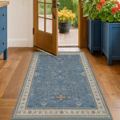 Washable 4x6 Small Rug for Living Room, Area Rug for Kitchen, Bedside, Large Entryway Indoor - Stain Resistant Non Slip with Rubber Backing, Unique Floral Aethestic Décor, Light Blue & Aqua