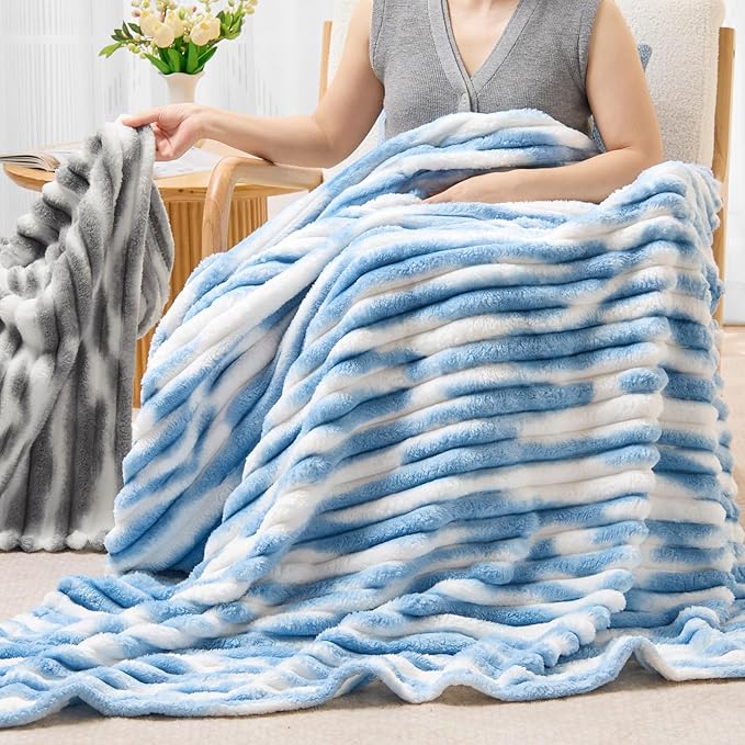 BEDELITE Twin Blanket for Couch & Bed, 300GSM Soft & Warm Fleece Blanket, Decorative and Giftable Striped Tie-dye Blue Blankets for Women, Men, 60"x80"