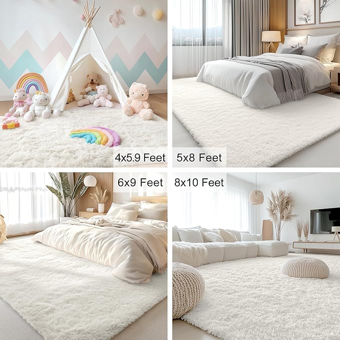 OLANLY 8x10 Machine Washable Large Area Rugs for Living Room, Bedroom, Soft Fluffy Shaggy Bedside Rug, Indoor Floor Carpet for Kids Girls and Boys, Dorms, Nursery, Home Decor Aesthetic, Ivory