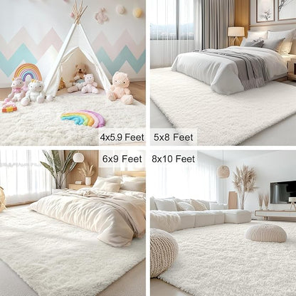 OLANLY 7x7 Machine Washable Large Area Rugs for Living Room, Bedroom, Soft Fluffy Shaggy Bedside Rug, Indoor Floor Carpet for Kids Girls and Boys, Dorms, Nursery, Home Decor Aesthetic, Ivory