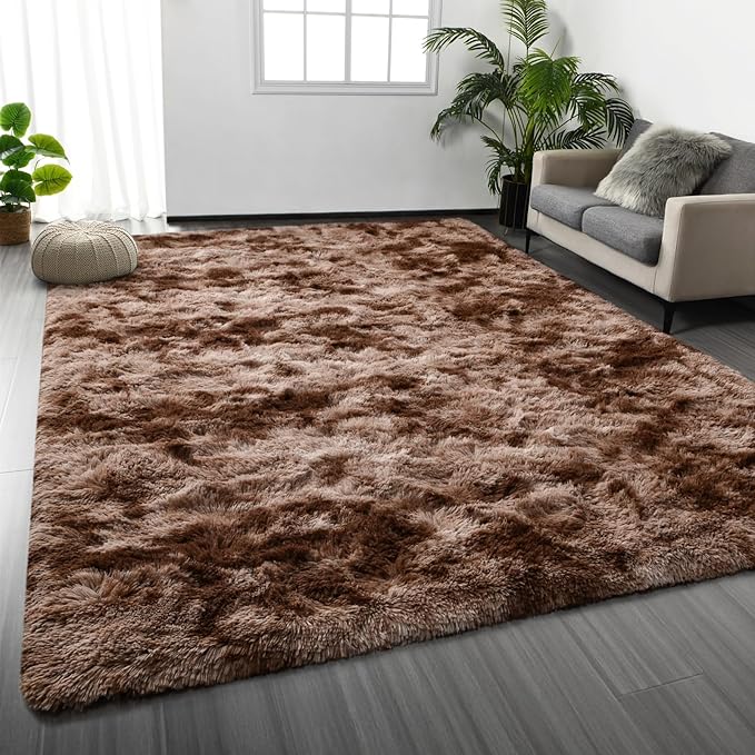 Deerhoo Large Shag Area Rugs 9 x 12, Tie-Dyed Plush Fuzzy Rugs for Living Room, Ultra Soft Fluffy Furry Rug for Bedroom, Indoor Carpet Nursery Rugs for Kids Room Home Decor, Coffee