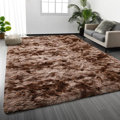 Deerhoo Large Shag Area Rugs 9 x 12, Tie-Dyed Plush Fuzzy Rugs for Living Room, Ultra Soft Fluffy Furry Rug for Bedroom, Indoor Carpet Nursery Rugs for Kids Room Home Decor, Coffee