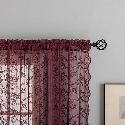 YJ YANJUN Vintage Lace Curtains 45 Inch Length-Victorian Floral Pattern Burgundy Sheer Curtain Panels for Kitchen Bathroom Laundry Room Small Windows Light Filtering 2 Panels 52W x 45L Red Wine