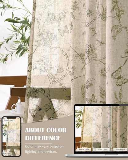 jinchan Floral Linen Curtains for Living Room 63 Inch Length Butterfly Sage Green Floral Curtains French Country Farmhouse Flower Patterned Drapes Window Treatments Set 2 Panels