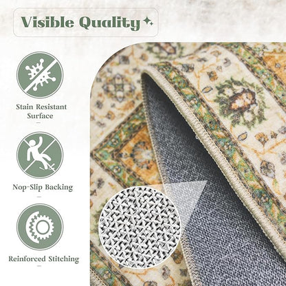 Area Rug 8x10 Washable Rug, Vintage Boho Medallion Rugs Non-Slip Soft Low Pile Large Distressed Rug Indoor Retro Carpet for Living Room Bedroom Dining Room Home Office (Vintage Green, 8'x10')