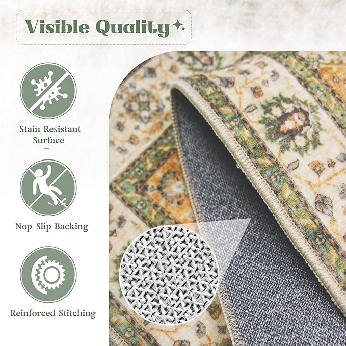 Area Rug 5x7 Washable Rug, Vintage Boho Medallion Rugs Non-Slip Soft Low Pile Large Distressed Rug Indoor Retro Carpet for Living Room Bedroom Dining Room Home Office (Vintage Green, 5'x7')