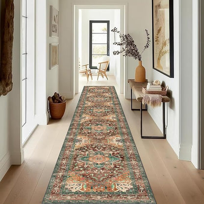 Yamaziot Washable Runner Rug, 2x12 Non-Slip Boho Vintage Hallway Rug Runner with Rubber Backing, Stain Resistant Low Pile Distressed Carpet Runner for Bedroom, Kitchen, Laundry, Entrance
