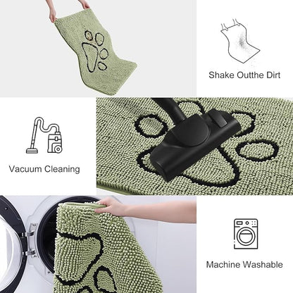 Smiry Dog Door Mat for Muddy Paws, Absorbent Dirt Trapper Non Slip Quick Dry Washable Chenille Mat for Mud Dogs, Entry Rug for Indoor and Outdoor (36x24 Inches, Sage Green and Black)