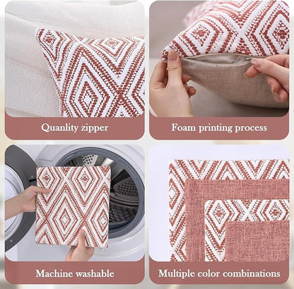 HPUK Decorative Throw Pillow Covers Set of 4 Geometric Design Linen Cushion Cover for Couch Sofa Living Room, 20"x20" inches, Coral