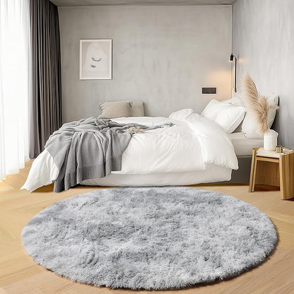 ONASAR Tie-Dyed Light Grey Round Area Rugs 6ft, Ultra Soft Bedroom Circle Rug for Kids Girls Boys Teen Room, Fluffy Plush Shaggy Carpet Floor Mats for Dorm Nursery Living Room Playroom Home Decor