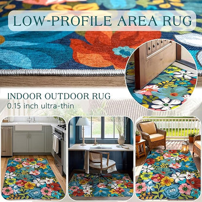 3x5 Boho Entry Rug - Small Washable Indoor Outdoor Mats for Front Door Non-Slip Porch Rug Spring Summer Colorful Floral Throw Rugs for Living Room Bedroom Entryway Kitchen Office Porch Decor