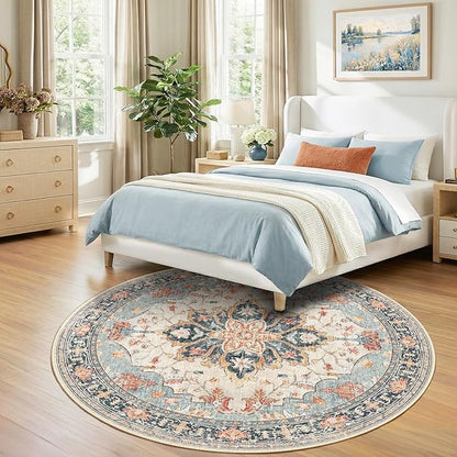 RELEANY Area Rugs 7ft Washable Non-Slip, Floral Vintage Distress Print Pattern Medallion Carpet for Living Room Bedroom Dining Room, Beige Navy Blue Orange Colorful