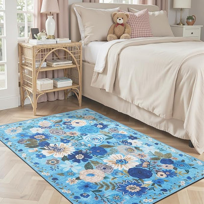 Floral Machine Washable Rug, 3x5 Rug Non Slip Soft Bedroom Rugs for Entryway Dorm, Ultra-Thin Rugs for Bedroom Stain Resistan(3 x 5, Blue Garden)