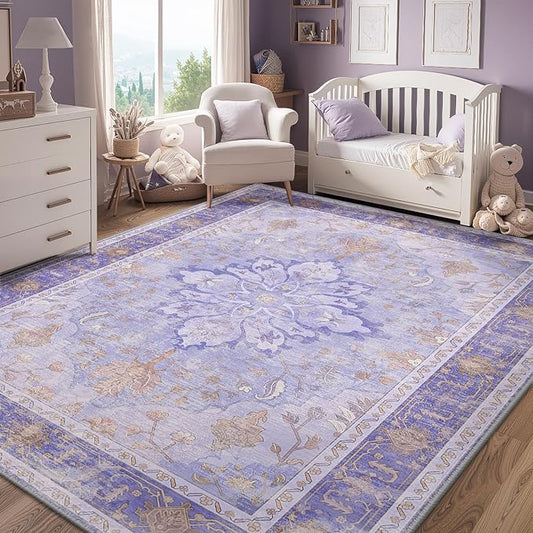 RELEANY Area Rugs 5'x7' Washable Non-Slip, Floral Vintage Distress Print Pattern Medallion Carpet for Living Room Bedroom Dining Room, Light Purple Brown