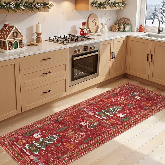 UERMEI Christmas Runner Rug for Hallway: 3x8 Neutral Modern Festive Low Pile Soft Thin Indoor Carpet for Bedroom Kitchen Mat Kids Room Holiday Decor - Red