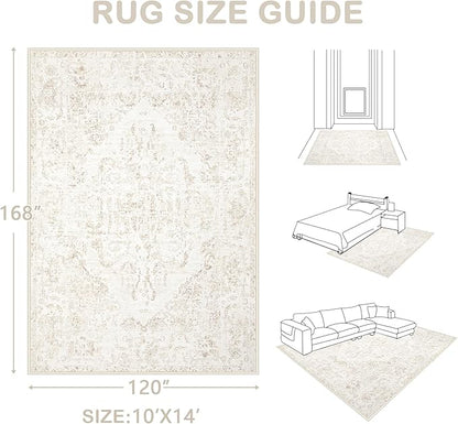 10x14 Area Rugs for Living Room: Washable Rug Vintage Large Rugs Soft Non Slip Low Pile Rug Floral Distressed Floor Carpet for Bedroom Nursery Dining Room Home Office (Beige,10'x14')