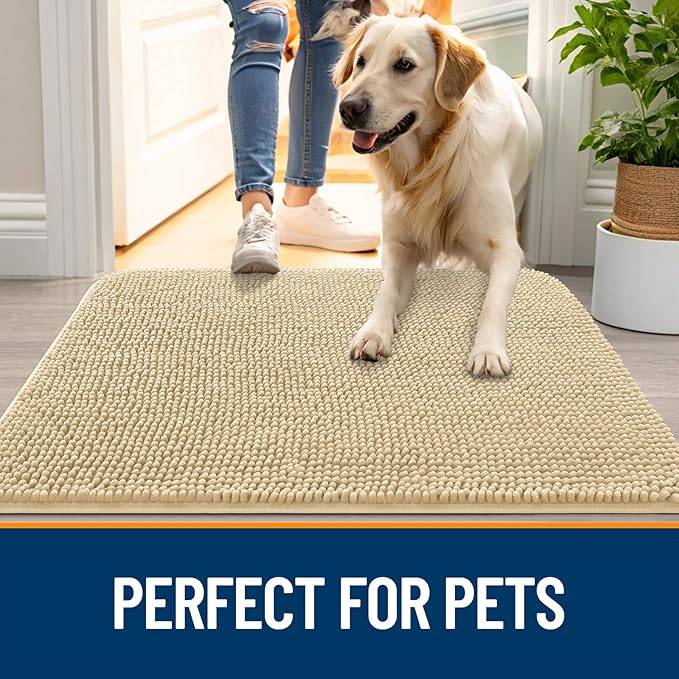 OLANLY Dog Door Mat for Muddy Paws 32x20, Absorbs Moisture and Dirt, Absorbent Non-Slip Washable Doormat, Quick Dry Chenille Mud Mat for Dogs, Entry Indoor Entryway Carpet for Inside Floor, Sand