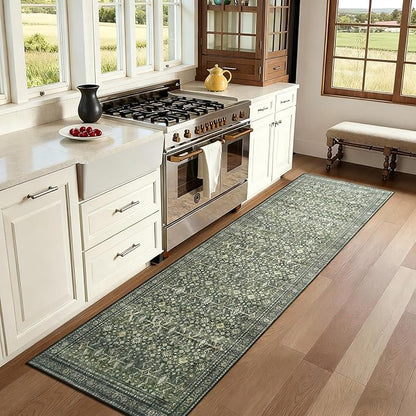 Lofus 2X 6 Area Rug, Green Washable Runner Rugs for Hallways with Non Slip Rubber Backing, Low Pile Soft Carpet Runner for Kitchen Bathroom Bedroom Laundry
