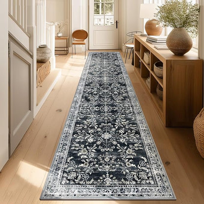 Yamaziot Washable Runner Rug 2x10 – Non Slip Boho Floral Hallway Runner Rug with Rubber Backing, Low Pile Faux Wool Distressed Carpet for Kitchen, Laundry, Bedroom, Entrance, Navy/Black