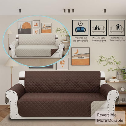 Reversible Couch Cover for 3 Cushion Couch Sofa Cover Washable for Pet Friendly with Elastic Straps Water Repellent(Sofa, Chocolate/Beige)