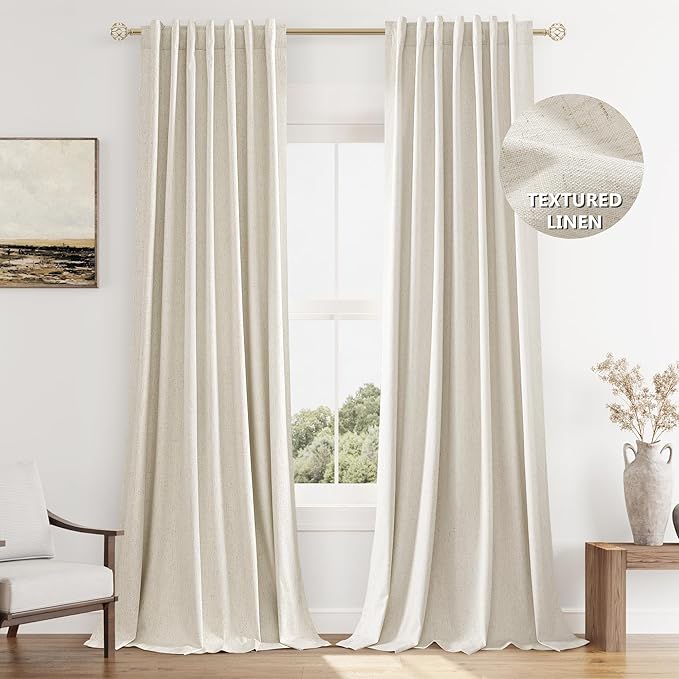 Guken 100% Blackout Linen Curtains 90 Inch Length 2 Panels Set for Living Room Bedroom Back Tab Thermal Insulated Black Out Drapes Room Darkening Farmhouse Window Curtains 90 Inches Long