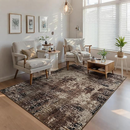 Ompaa Living Room Rug 5x7 Brown Area Rug Machine Washable Boho Coffee Rug Non Slip Abstract Vintage Indoor Large Rugs for Bedroom, Classroom, College Dorm, Farmhouse, Dining Room, Kids Playroom