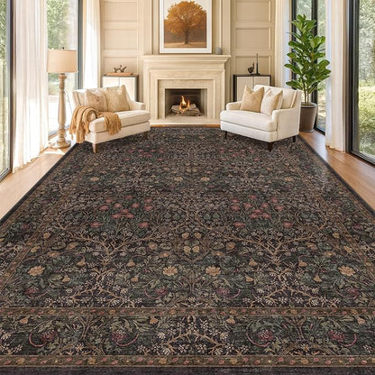 Hazo Haus Dark Brown 10x14 Area Rugs for Living Room - Extra Large Vintage Western Unique Neutral Floral, Washable Low Pile Non-Slip Soft Thin Area Rug for Dining Under Table, Bedroom Under Bed