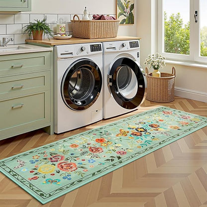 Rugflix 2x6 Runner Rug for Hallway, Washable Kitchen Runner Non Slip, Soft Low Pile Entryway Carpet, Vintage Floral Stain Resistant Long Laundry Room Rugs for Bedroom, Stairs, Green
