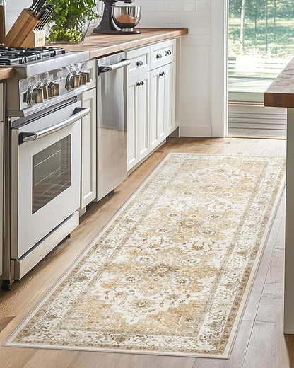 AMADA HOMEFURNISHING 2x6 Washable Runner Rug, Low-Profile Kitchen Rugs with Non-Slip Backing & Durable Edge Binding, Vintage Entryway Runner Rug for Bedroom & Hallway
