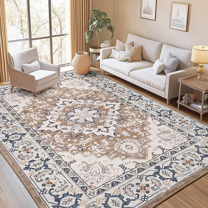 Lofus 8x10 Area Rugs for Living Room, Washable Area Rug, Rugs for Bedroom, Kitchen, Vintage Boho Carpet, Soft Non-Slip, Low Pile Large Area Rug for Office Dining Room, Floral Brown