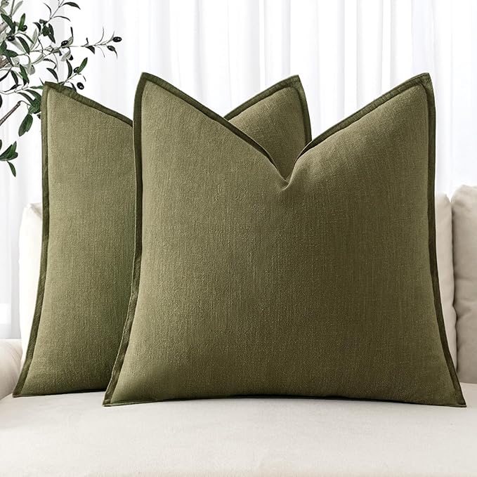 MIULEE Decorative Linen Euro Sham Pillow Covers 26x26 Inch Green Boho Farmhouse Neutral Couch Throw Pillows for Bed Pack of 2 Accent Outdoor Pillowcase Modern Sofa Cushion Livingroom Home Decor